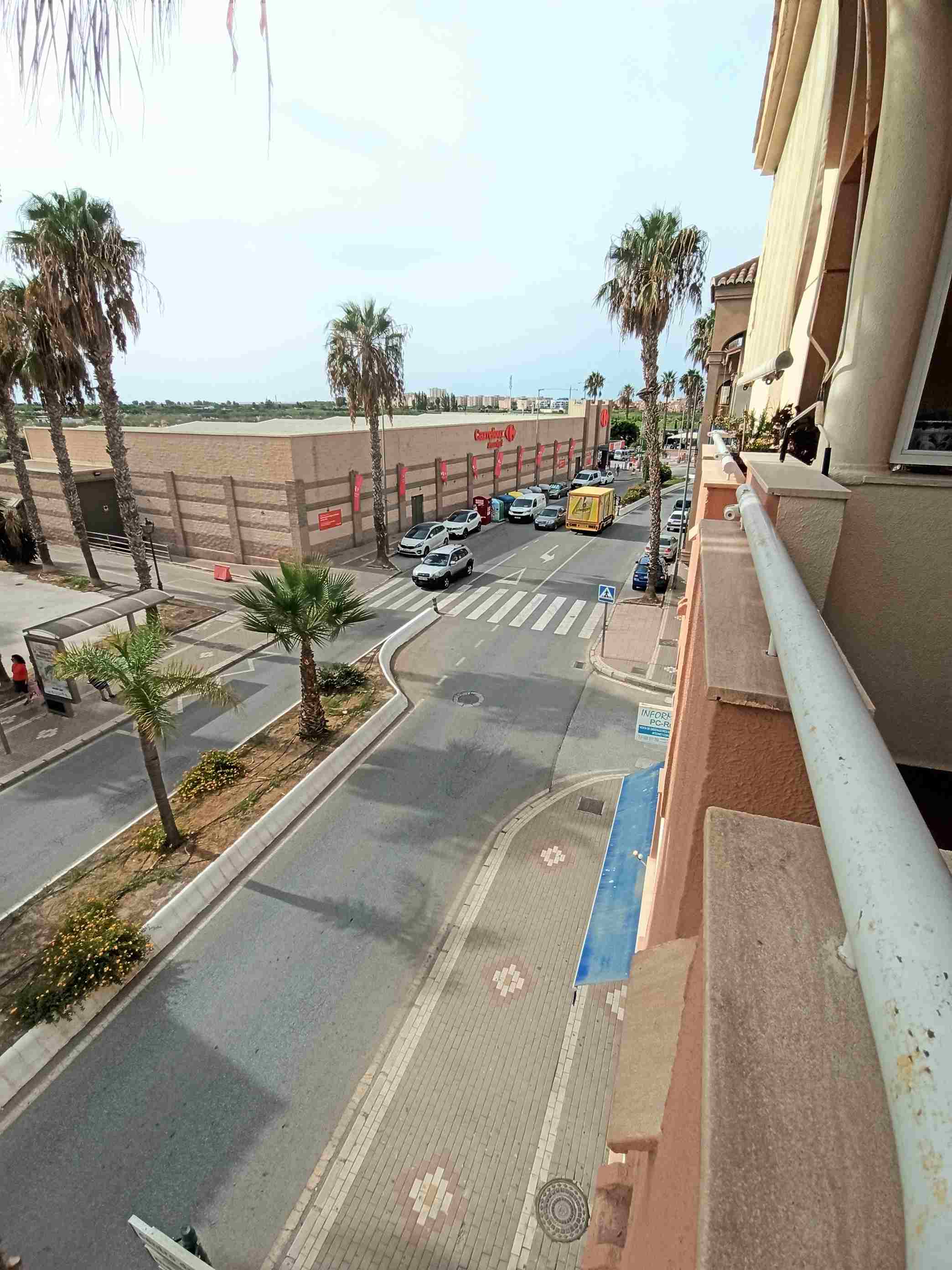 Vista de la calle con palmeras desde un balcón
